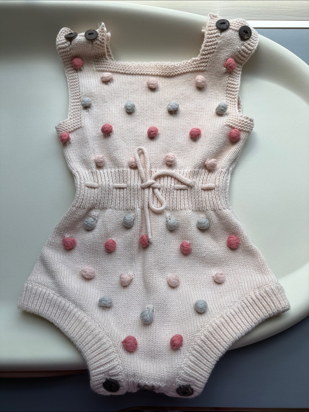 Knit Baby Romper with Pom-Pom Dots - Soft Pink